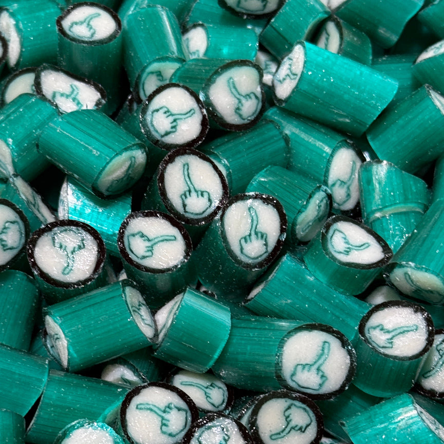 Middle Finger image candy in a teal / blue raspberry flavor