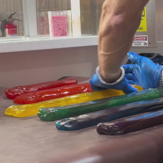 Sticky's candy artisans making a batch of Rainbow pillows candy