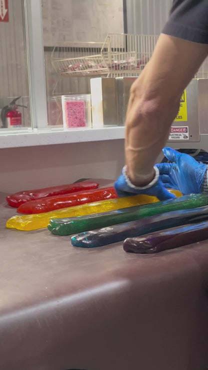 Sticky's candy artisans making a batch of Rainbow pillows candy